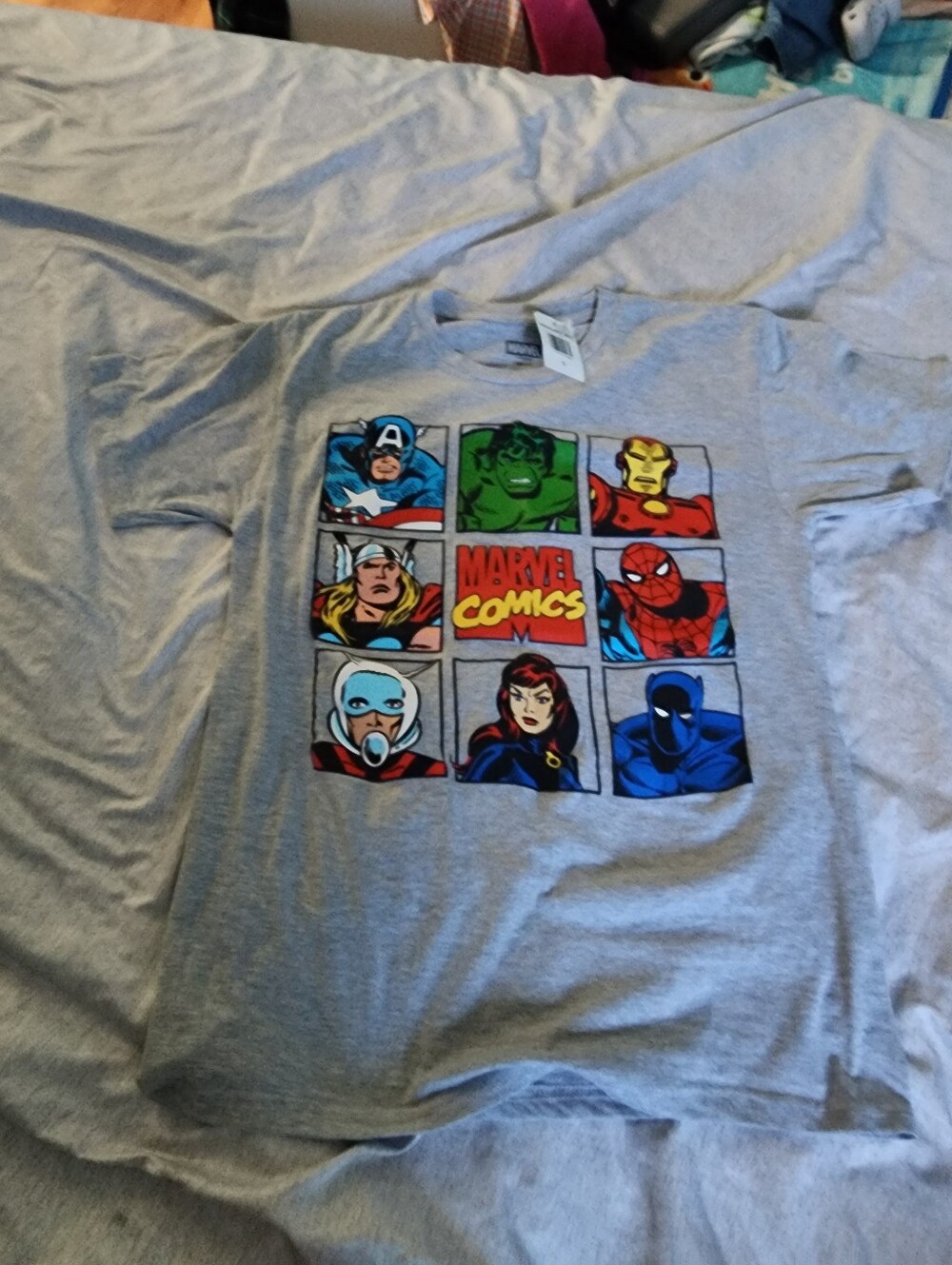 Marvel Kids Gray Short Sleeve Tee with Colorful Superhero Grid